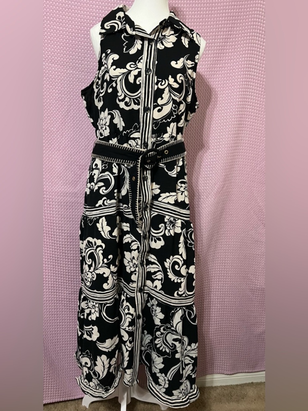 Badgley Mischka Black and White Floral Button-Front Dress with Belt